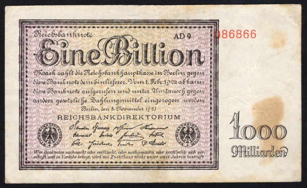 Germany - 1 Billion Mark 1923 - Pick # 134 - Stained Fine