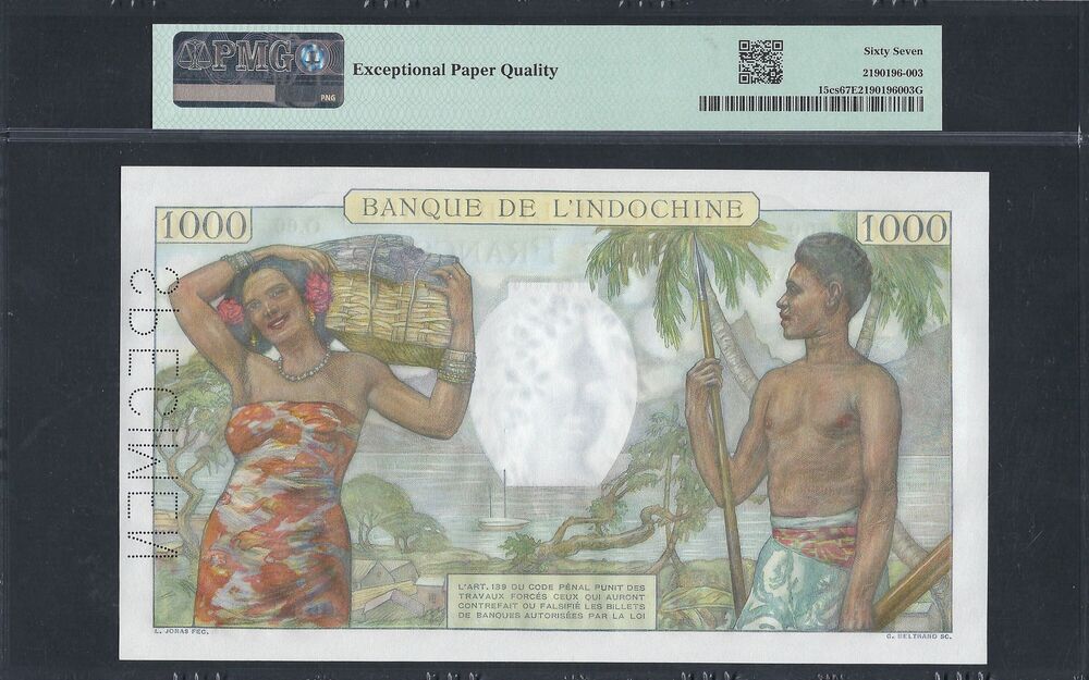 Tahiti - 1000 Francs 1940 - Pick # 15cs - PMG 67 EPQ