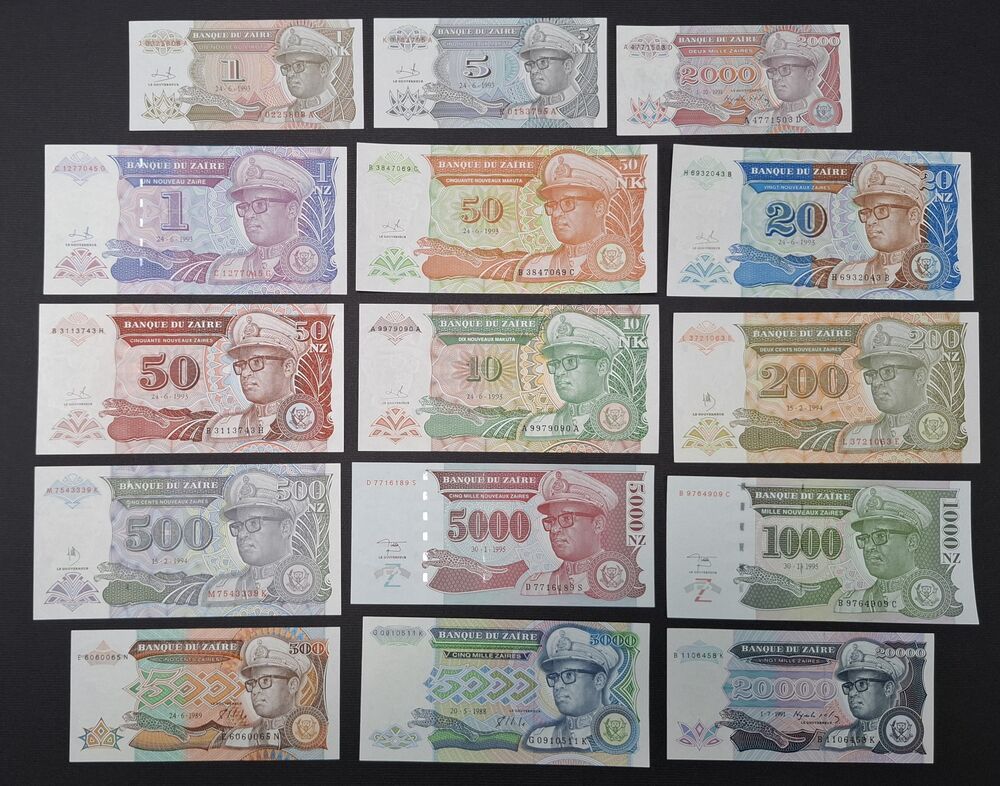 Zaire - Group of 15 notes 1988/95 - UNC