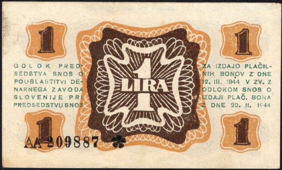 Slovenia - 1 Lira 1944 - Pick # S110 - XF+