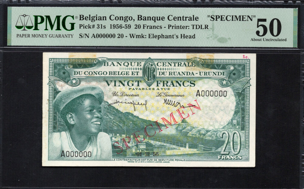 Belgian Congo - 20 Francs 1956-59 - Pick # 31s - SPECIMEN - PMG 50