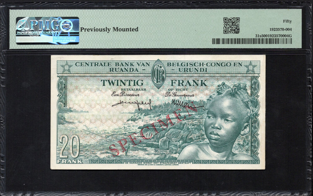 Belgian Congo - 20 Francs 1956-59 - Pick # 31s - SPECIMEN - PMG 50
