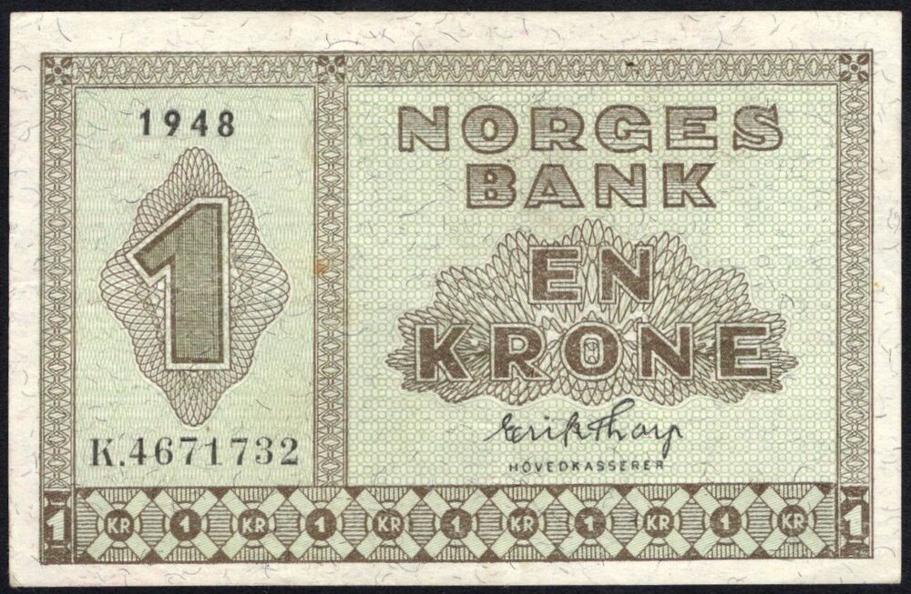 Norway - 1 Krone 1948 - Pick # 15b - VF
