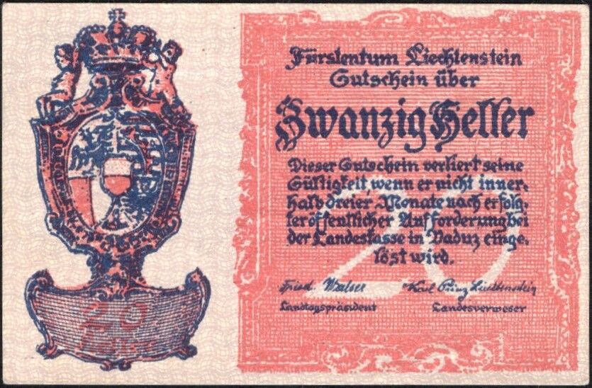 Liechtenstein - 20 Heller 1920 - Pick # 2 - XF