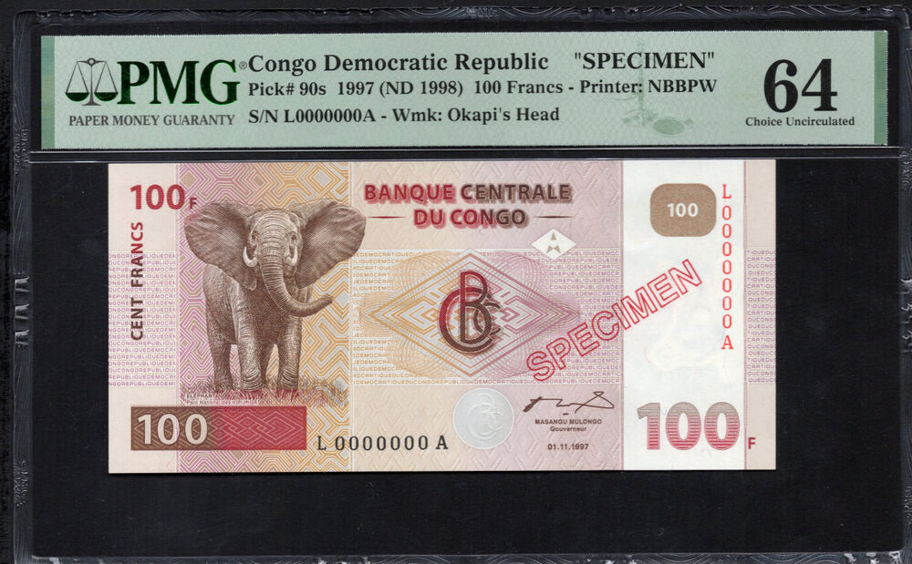 Congo Democratic Republic - 100 Francs 1997 - Pick # 90s - SPECIMEN - PMG 64