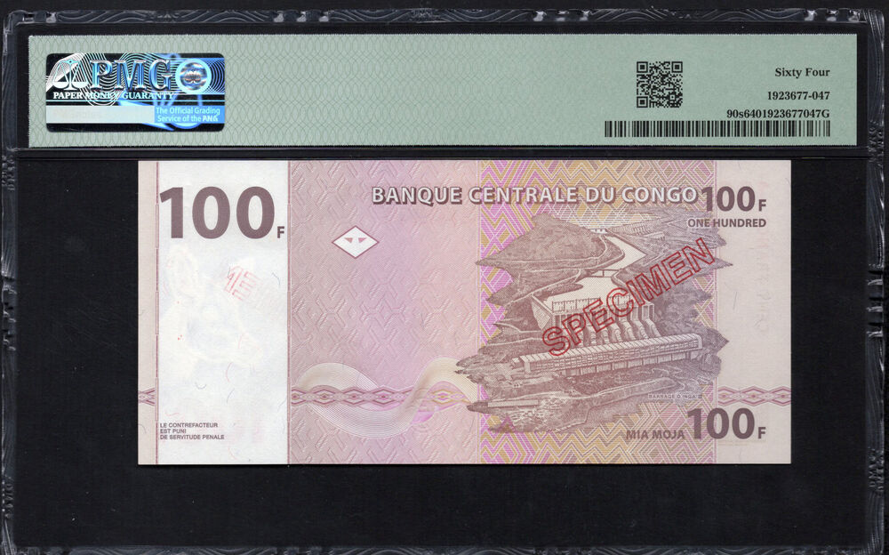 Congo Democratic Republic - 100 Francs 1997 - Pick # 90s - SPECIMEN - PMG 64