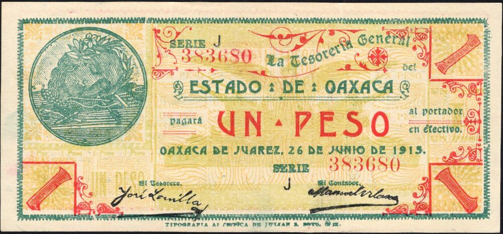 Mexico, Estado de Oaxaca - 1 Peso 1915 - Pick # S953 - XF