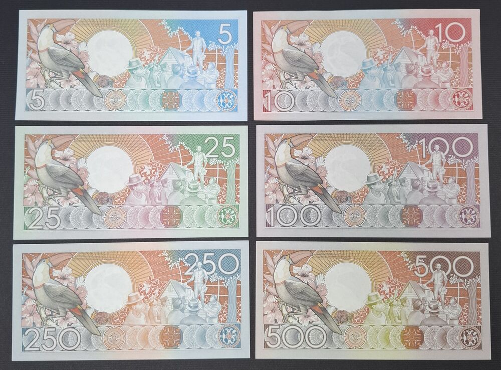 Suriname - 5, 10, 25, 100, 250 & 500 Gulden 1986/88 - Pick # 130 to 135 - UNC