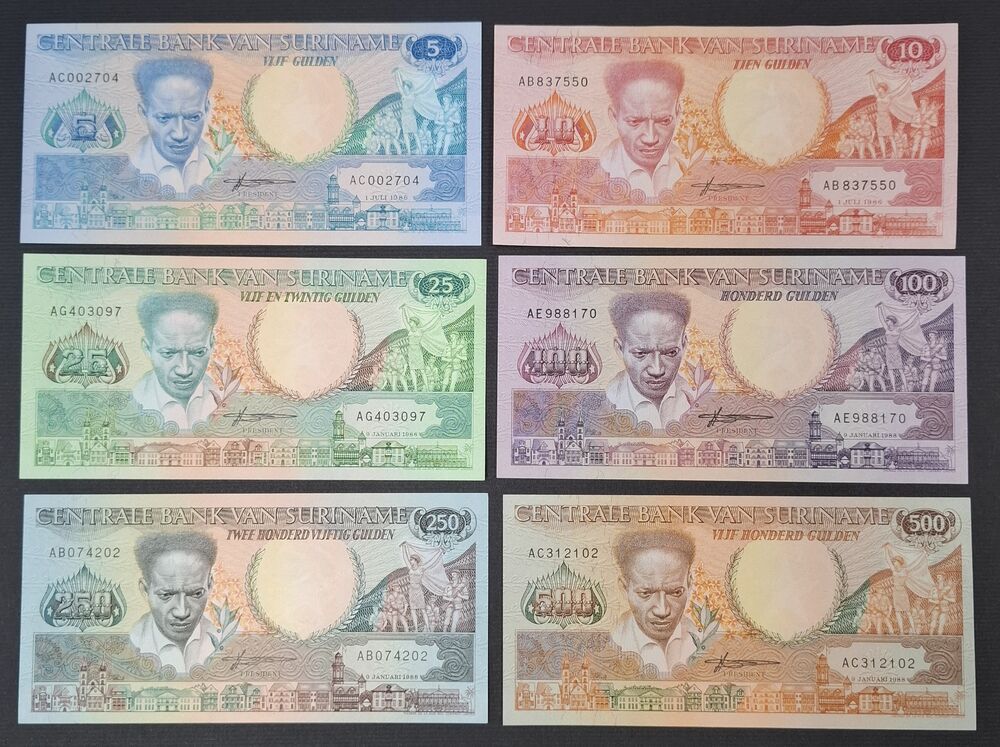 Suriname - 5, 10, 25, 100, 250 & 500 Gulden 1986/88 - Pick # 130 to 135 - UNC
