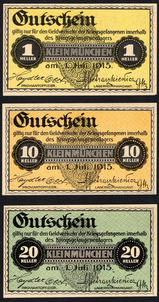 Austria, POW Camp Money - 1, 10 and 20 Heller 1915 - AU/UNC