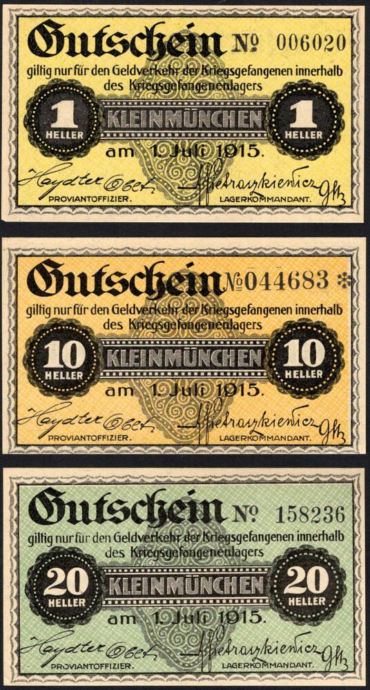 Austria, POW Camp Money - 1, 10 and 20 Heller 1915 - AU/UNC