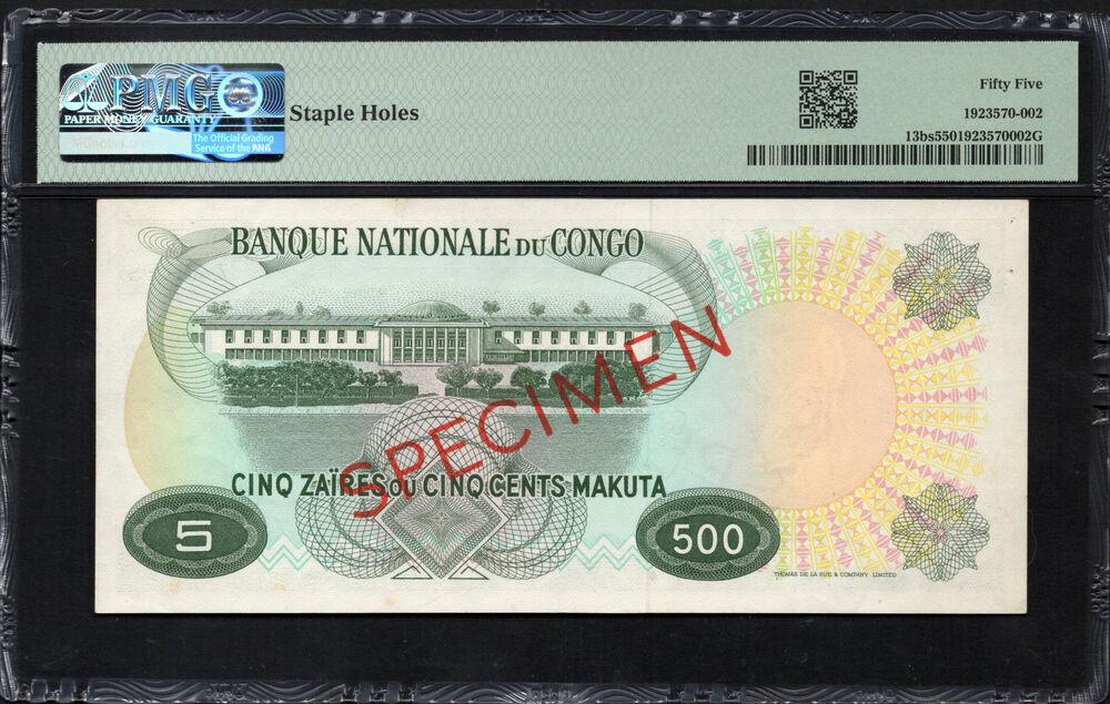 Congo Democratic Republic - 5 Zaires = 500 Makuta 1967 - Pick # 13bs - SPECIMEN - PMG 55