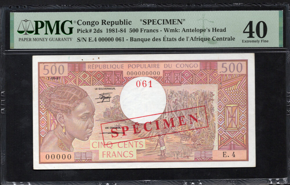 Congo Republic - 500 Francs 1981-84 - Pick # 2ds - SPECIMEN - PMG 40