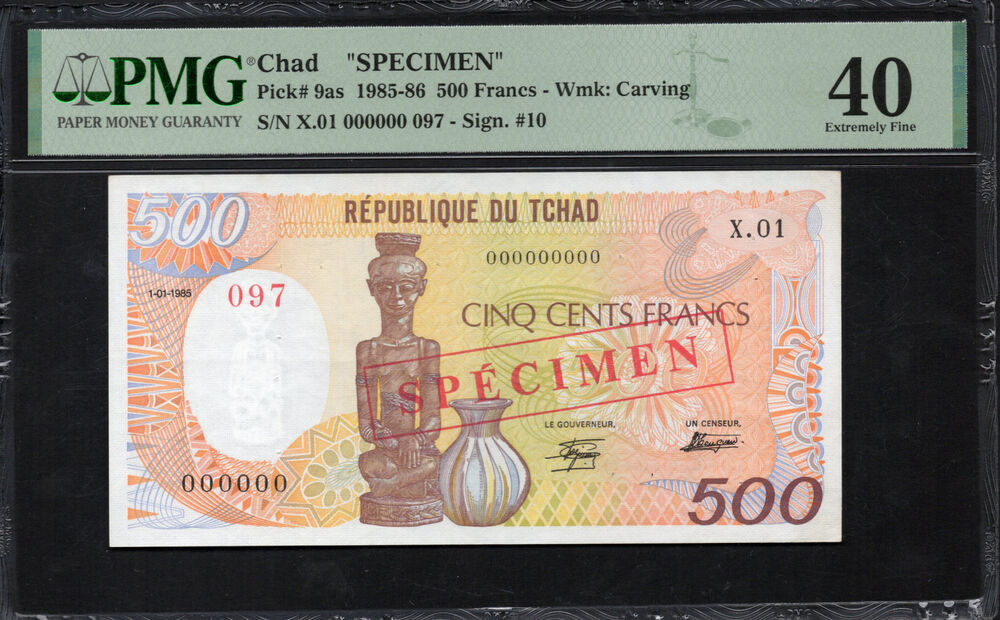 Chad - 500 Francs 1985-86 - Pick # 9as - SPECIMEN - PMG 40