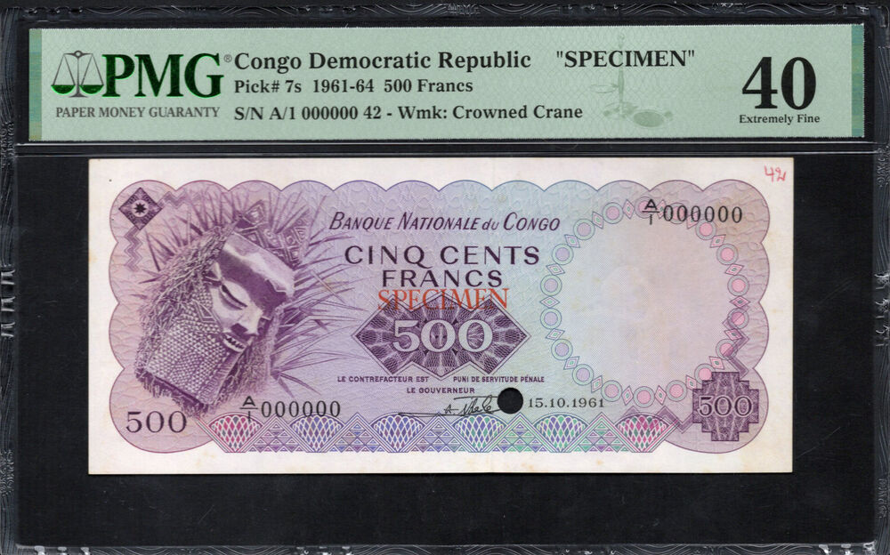 Congo Democratic Republic - 500 Francs 1961-64 - Pick # 7s - SPECIMEN - PMG 40