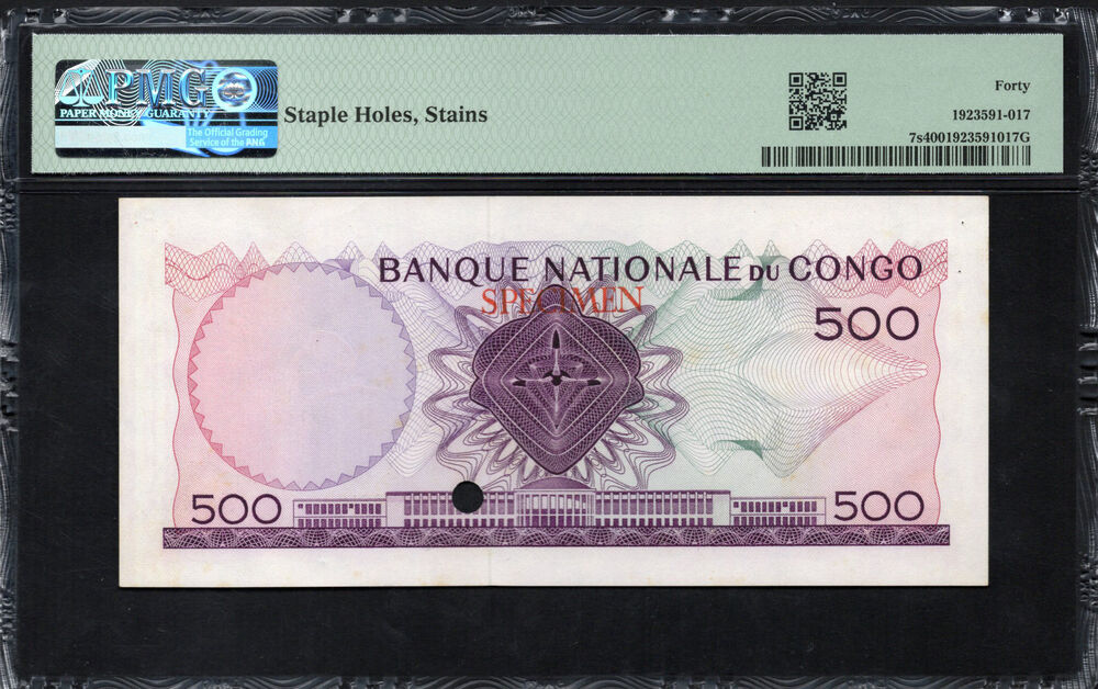 Congo Democratic Republic - 500 Francs 1961-64 - Pick # 7s - SPECIMEN - PMG 40