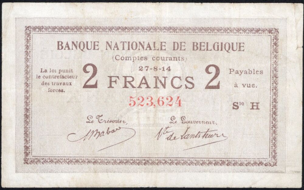 Belgium - 2 Francs 1914 - Pick # 82 - Fine
