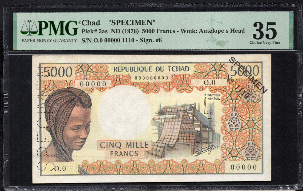 Chad - 5000 Francs ND (1976) - Pick # 5as - SPECIMEN - PMG 35