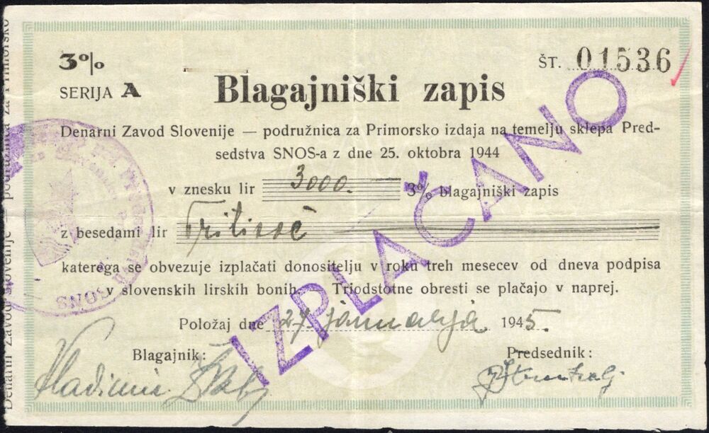 Slovenia - 3.000 Lir 1945 - Pick # NL - F/VF 