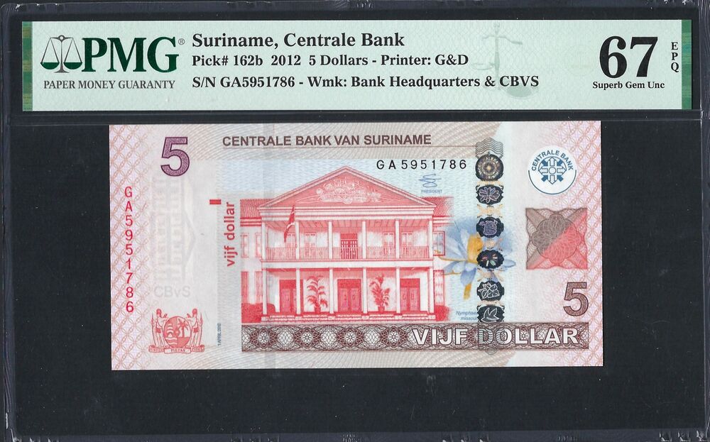 Suriname - 5 Dollars 2012 - Pick # 162b - PMG 67 EPQ