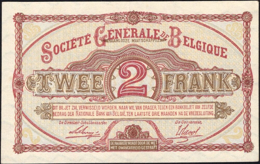 Belgium - 2 Francs 1918 - Pick # 86 - XF+/AU