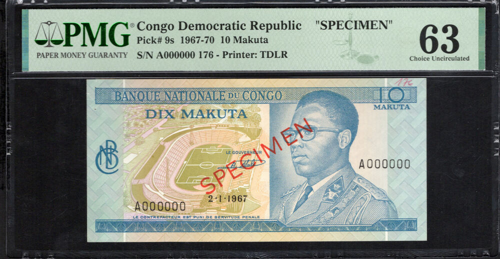 Congo Democratic Republic - 10 Makuta 1967-70 - Pick # 9s - SPECIMEN - PMG 63