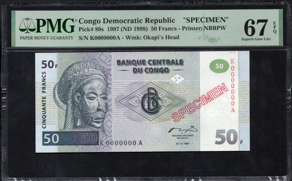 Congo Democratic Republic - 50 Francs 1997 - Pick # 89s - SPECIMEN - PMG 67 EPQ