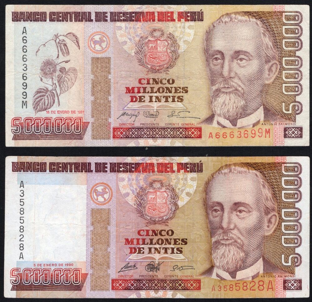 Peru - 2 x 5.000.000 Intis 1990, 1991 - Pick # 149, 150 - F/VF