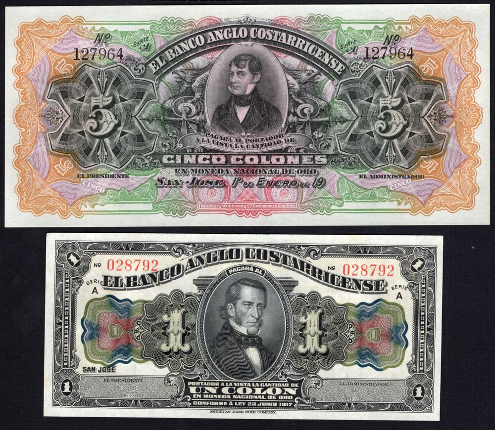 Costa Rica - 1 Colon and 5 Colones 1917 - Pick # S121 & S122 - AU/UNC