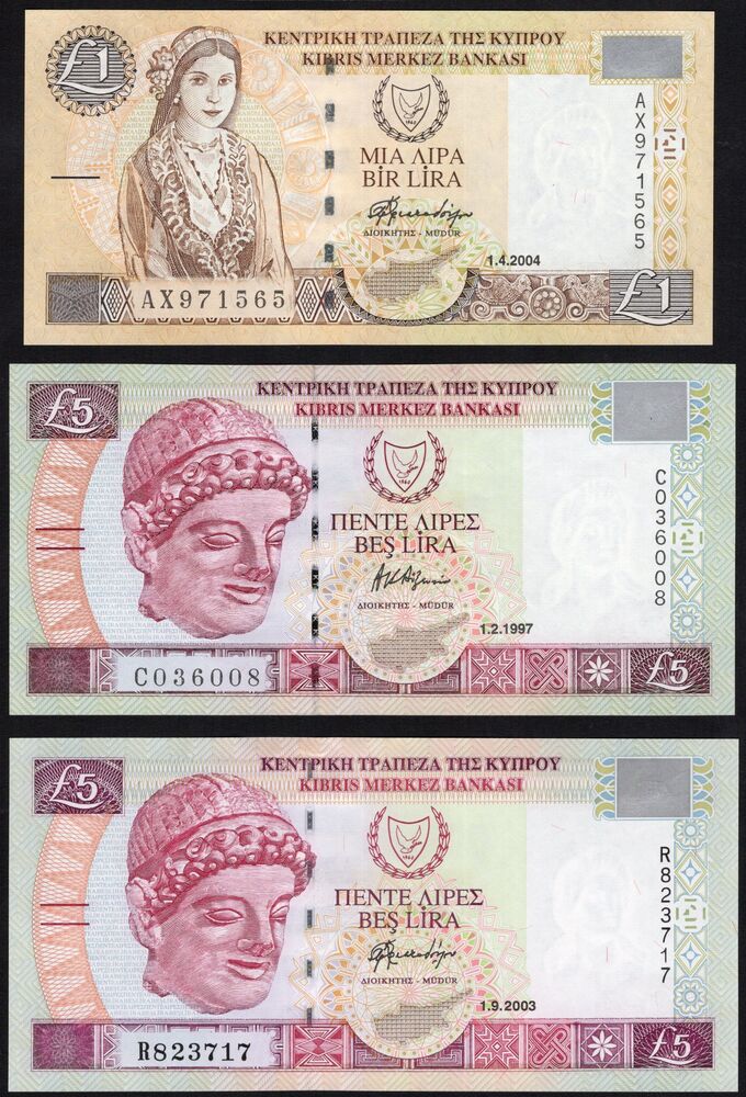 Cyprus - Group of 3 notes of 1 and 5 Pounds - AU and UNC