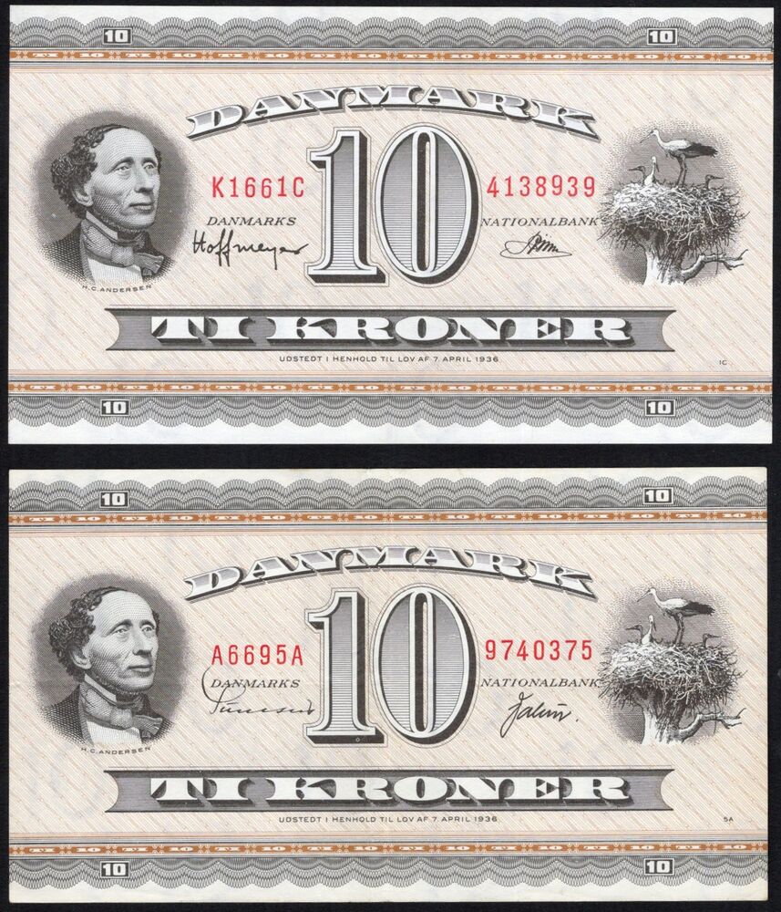 Denmark - 2 x 10 Kroner 1966 and 1969 - Pick # 44y & 44ab - VF & UNC