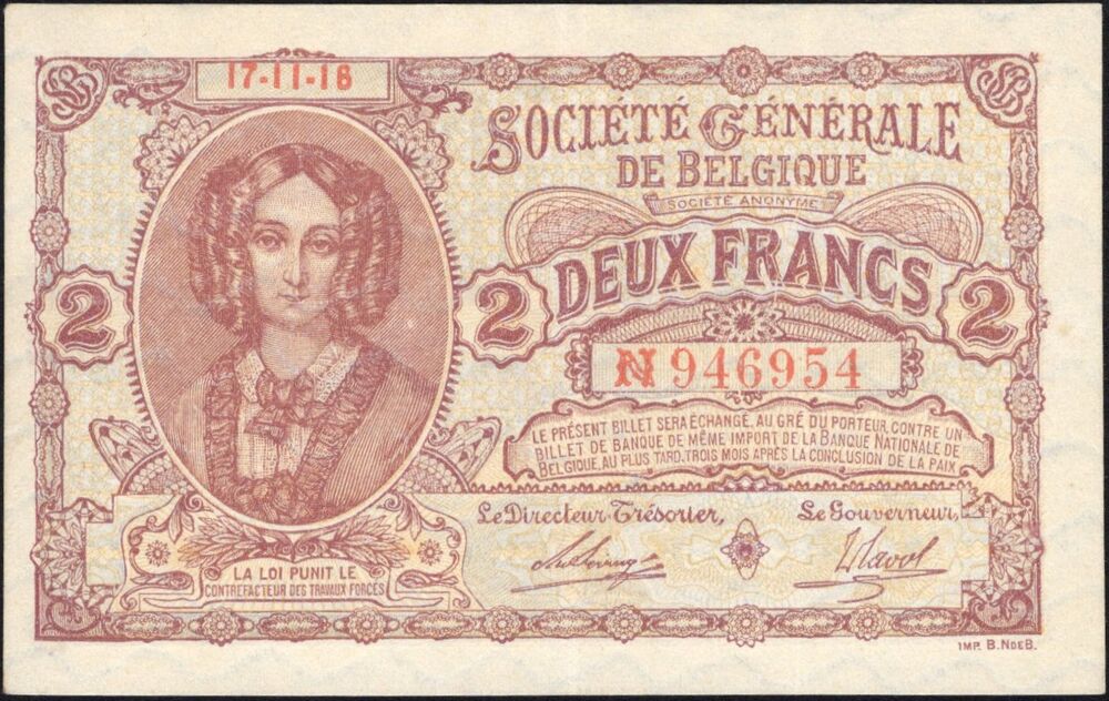 Belgium - 2 Francs 1918 - Pick # 86 - XF+/AU