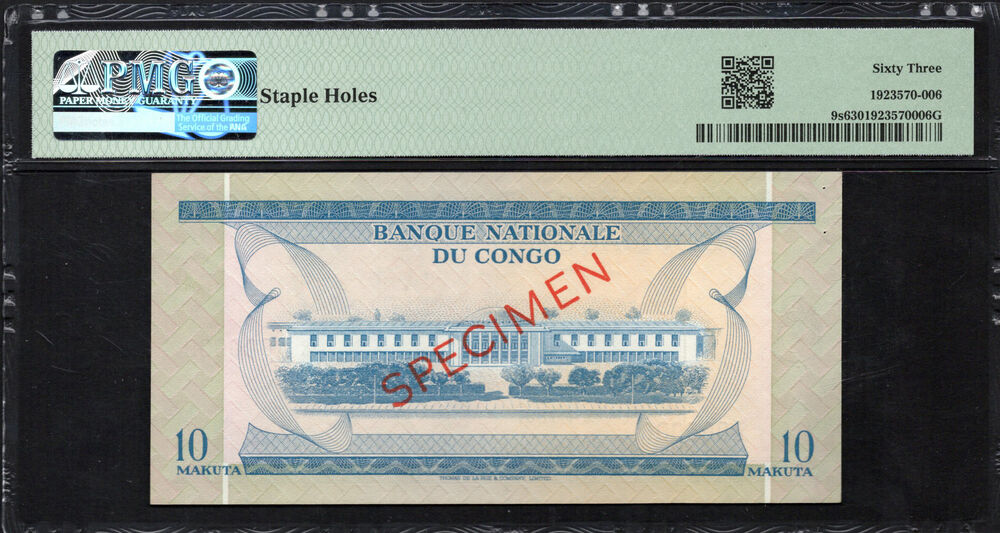 Congo Democratic Republic - 10 Makuta 1967-70 - Pick # 9s - SPECIMEN - PMG 63
