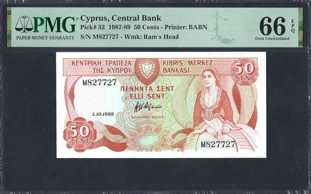 Cyprus - 50 Cents 1988 - Pick # 52 - PMG 66 EPQ