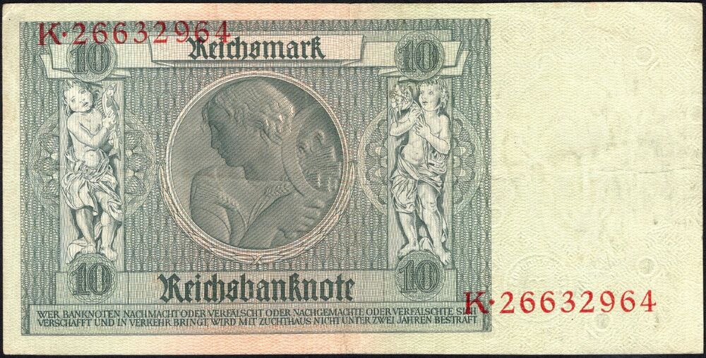 Belgium - German 10 RM 1929 with Belgian Stamp  - Pick # 180 - VF