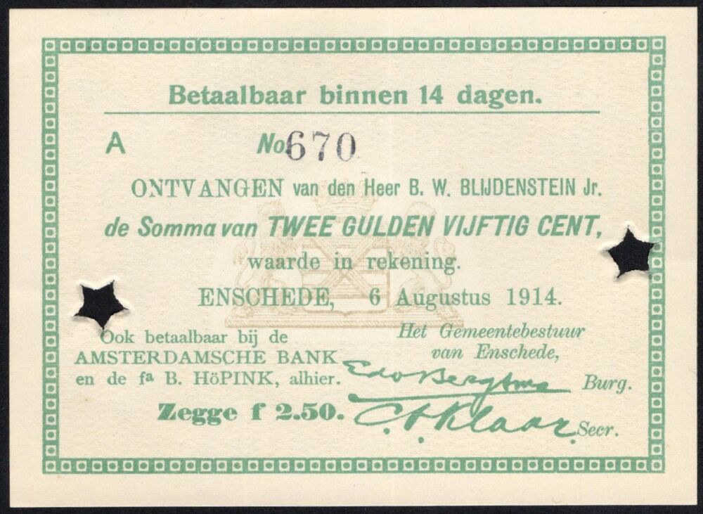 Netherlands, Enschede - 2.50 Gulden 1914 - Pick # NL - UNC