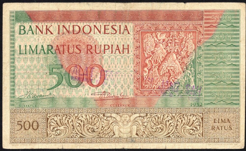 Indonesia - 500 Rupiah 1952 - Pick # 47 - Blue Stamp - Fine