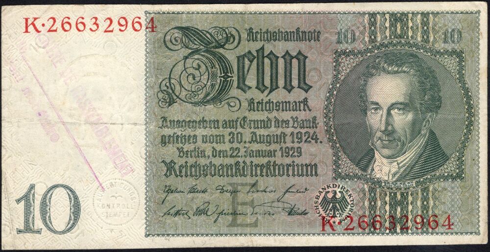 Belgium - German 10 RM 1929 with Belgian Stamp  - Pick # 180 - VF