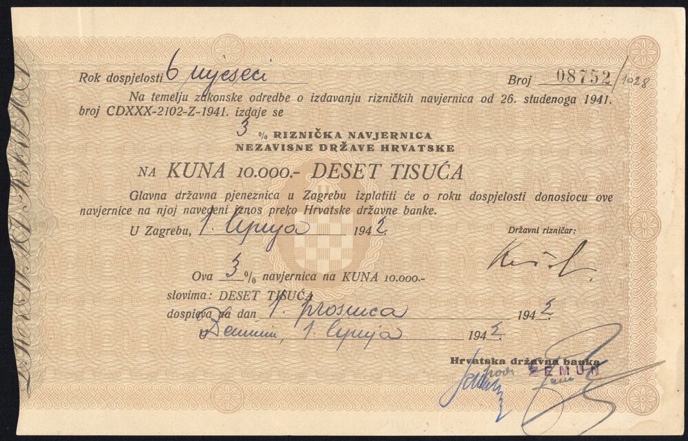Croatia - Bond of 10.000 Kuna 1942 - Pick # NL - AU