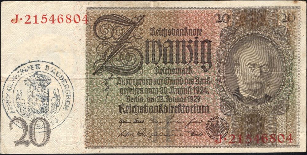 Belgium - German 20 RM 1929 stamped Auderghem - Pick # 181 - F/VF
