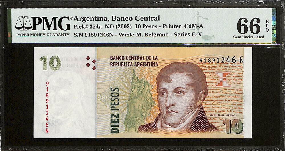 Argentina - 10 Pesos ND (2003) - Pick # 354a - PMG 66 EPQ