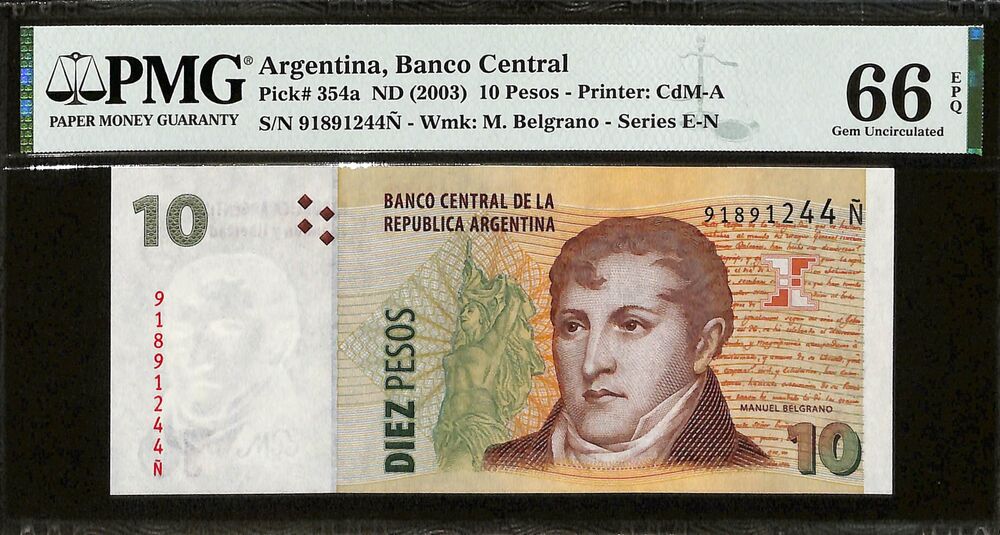 Argentina - 10 Pesos ND (2003) - Pick # 354a - PMG 66 EPQ