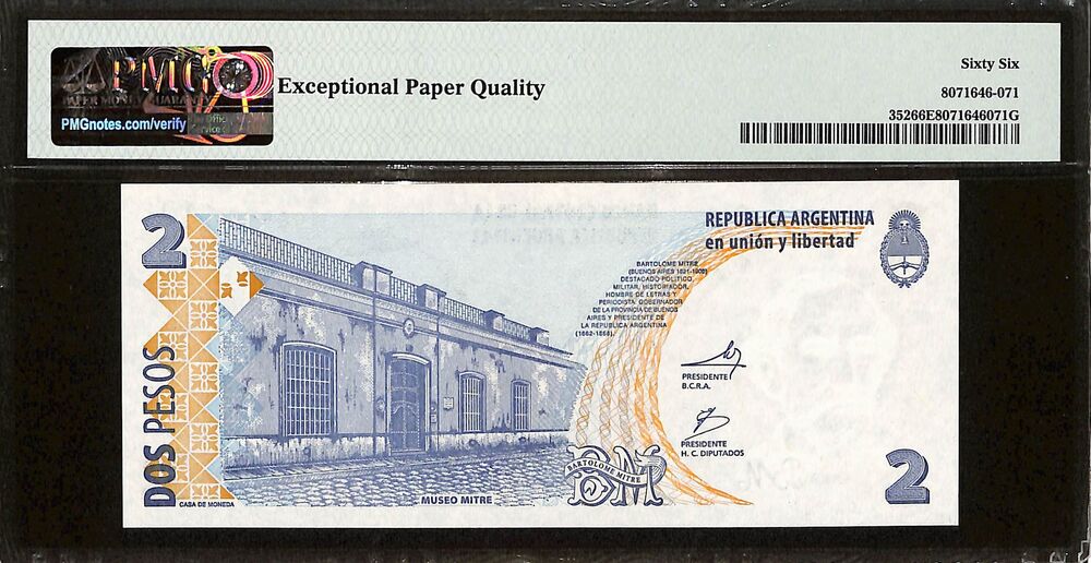 Argentina - 2 Pesos ND (2002) - Pick # 352 - PMG 66 EPQ