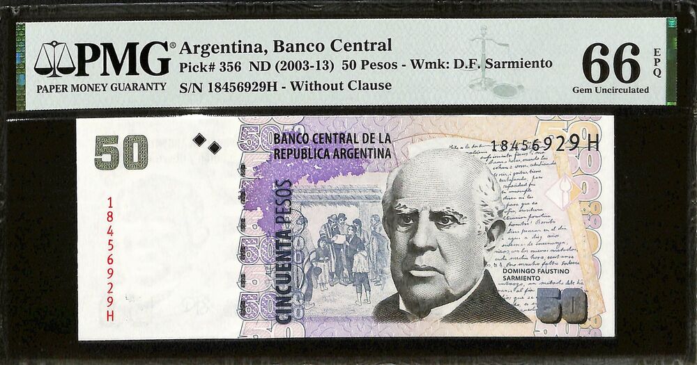 Argentina - 50 Pesos ND (2003-13) - Pick # 356 - PMG 66 EPQ