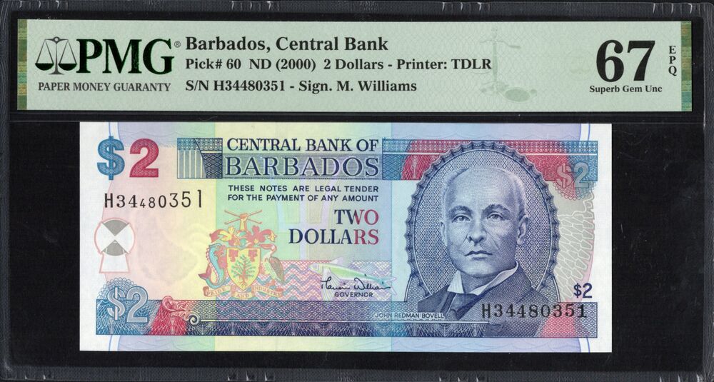 Barbados - 2 Dollars ND (2000) - Pick # 60 - PMG 67 EPQ