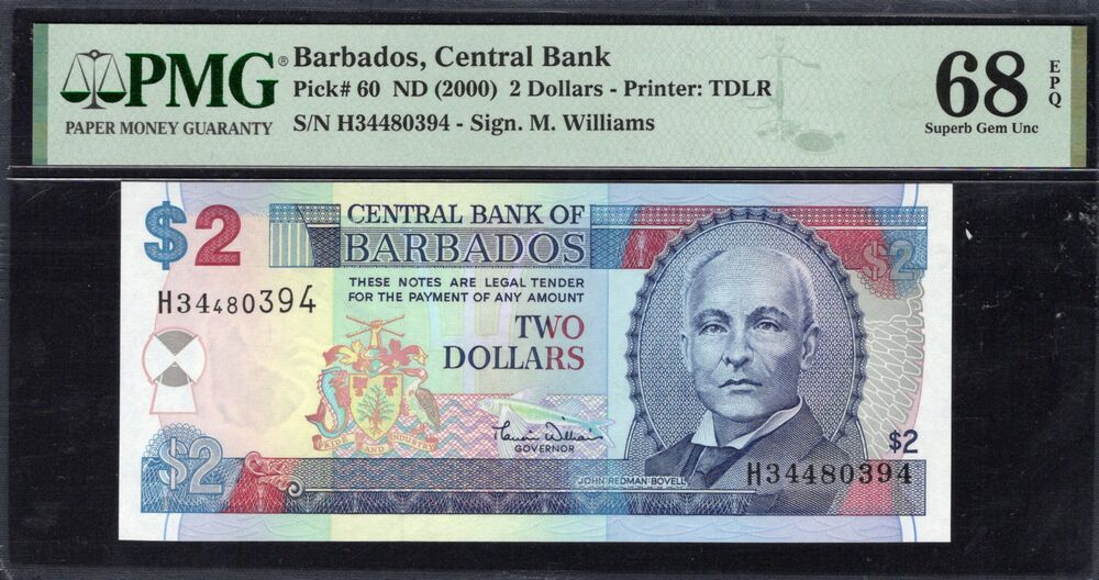 Barbados - 2 Dollars ND (2000) - Pick # 60 - PMG 68 EPQ