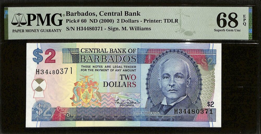 Barbados - 2 Dollars ND (2000) - Pick # 60 - PMG 68 EPQ