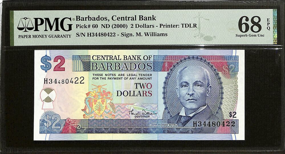 Barbados - 2 Dollars ND (2000) - Pick # 60 - PMG 68 EPQ