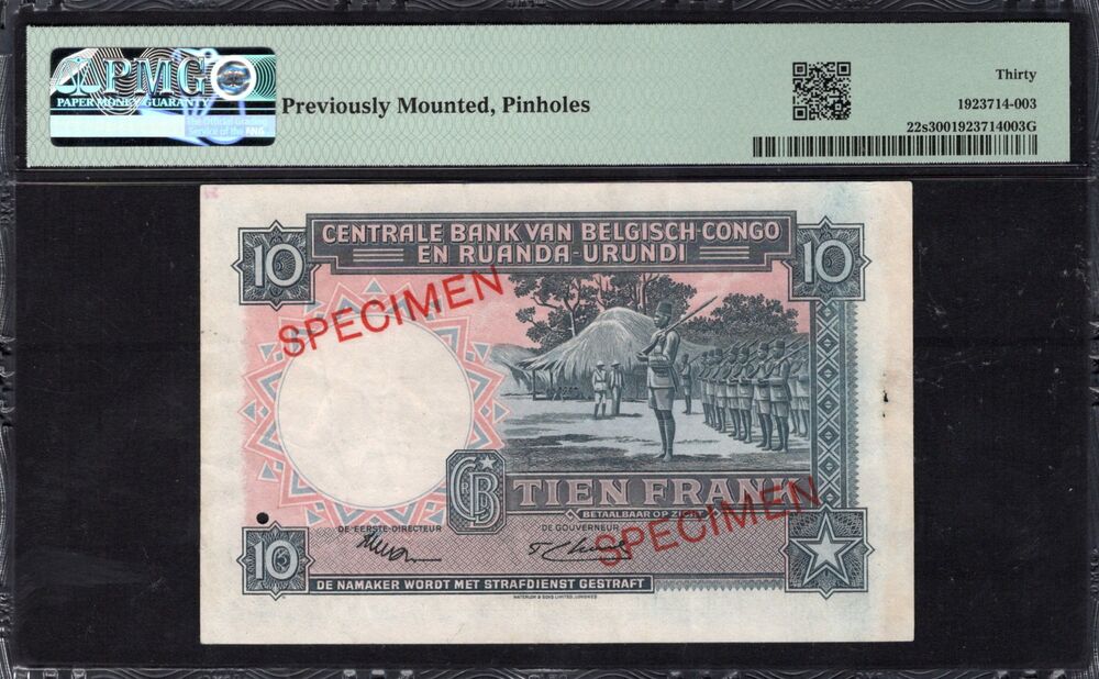 Belgian Congo - 10 Francs 1952 - Pick # 22s - SPECIMEN - PMG 30 EPQ