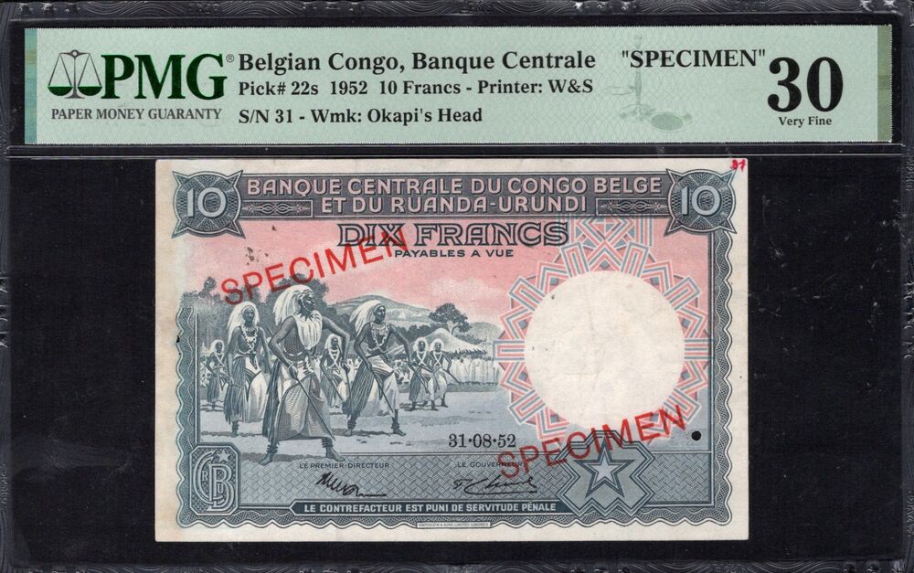 Belgian Congo - 10 Francs 1952 - Pick # 22s - SPECIMEN - PMG 30 EPQ